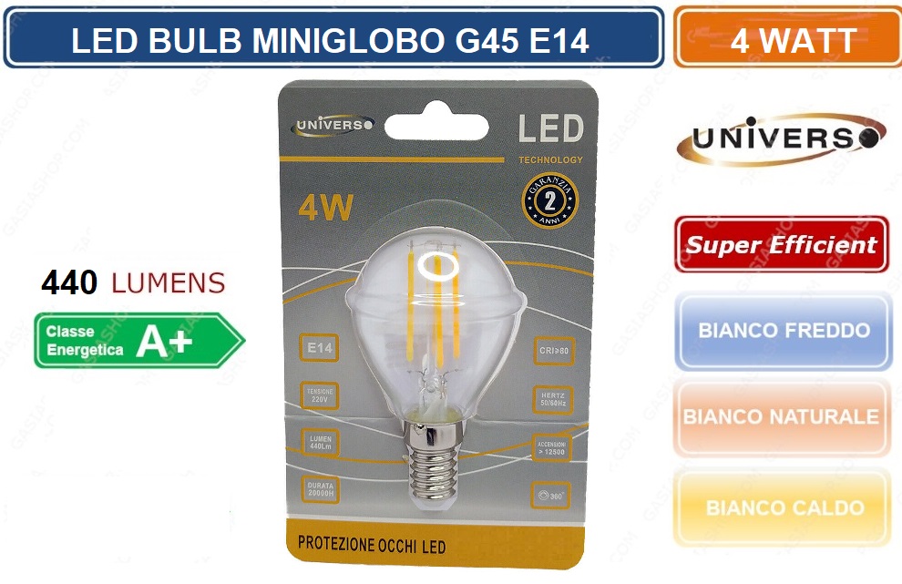 Lampadina Led E14 4W miniglobo G45 luce calda Spectrum